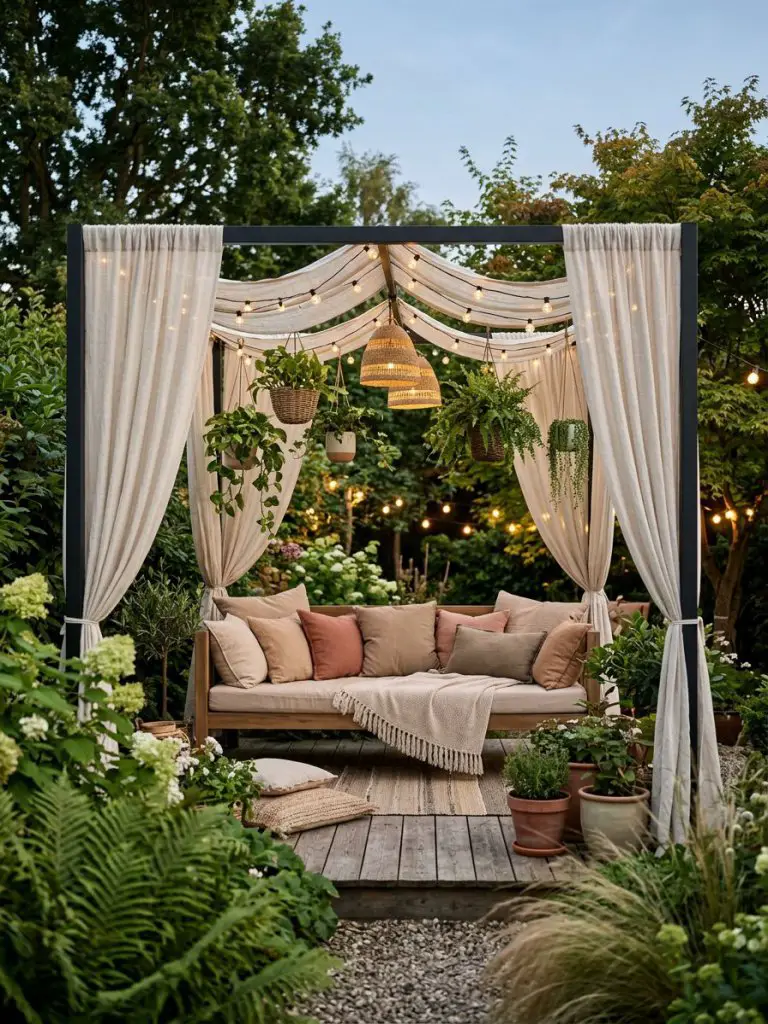 A romantic outdoor pergola designed in a bohemian modern rustic style, featuring a slim black metal pergola draped with flowing cream fabric.