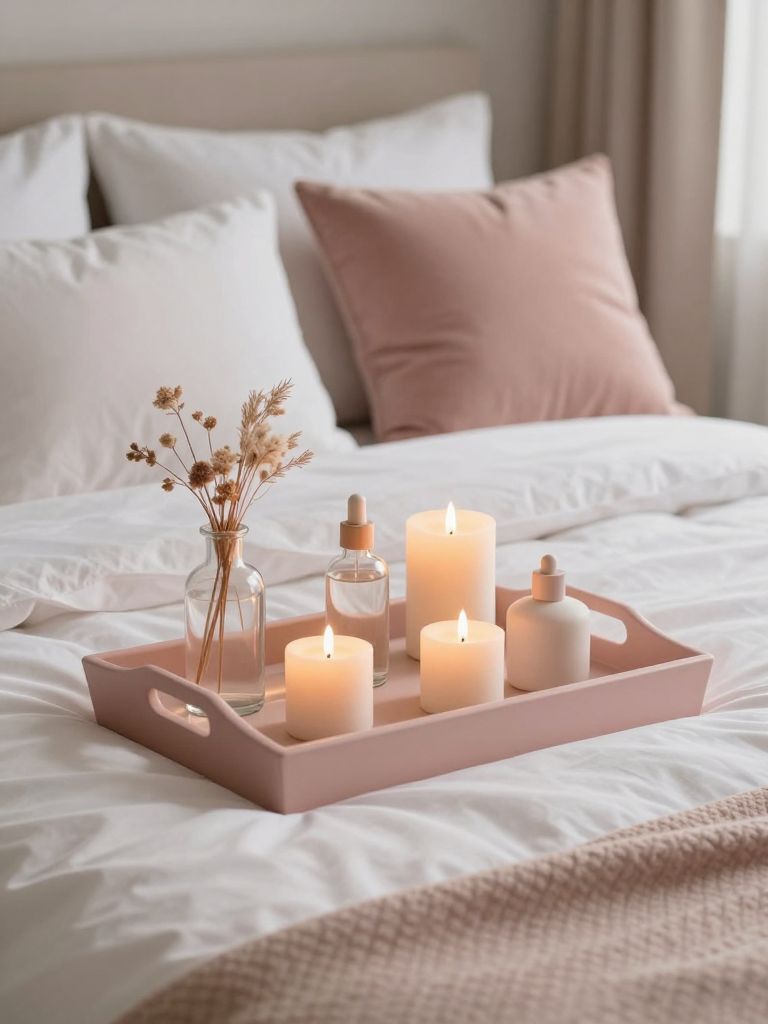 A romantic blush pink bedroom tray styling scene designed in a Warm Minimalist and soft luxury aesthetic with calming spa-inspired details a.
