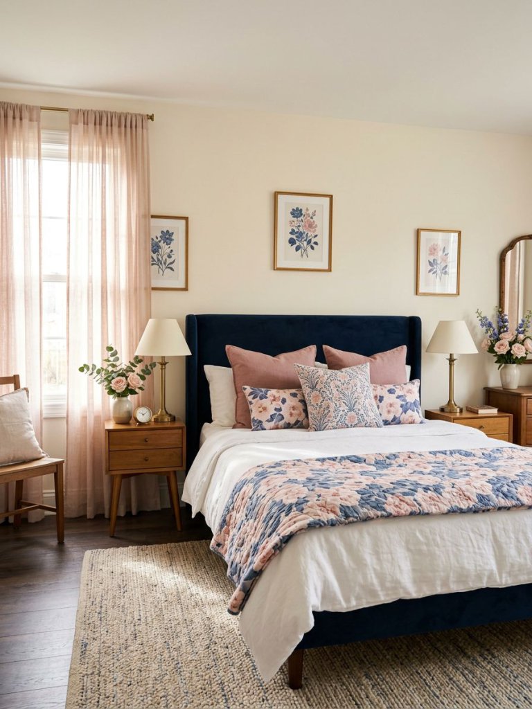 A romantic blue floral bedroom designed with elegant navy tones softened by blush pink floral accents.