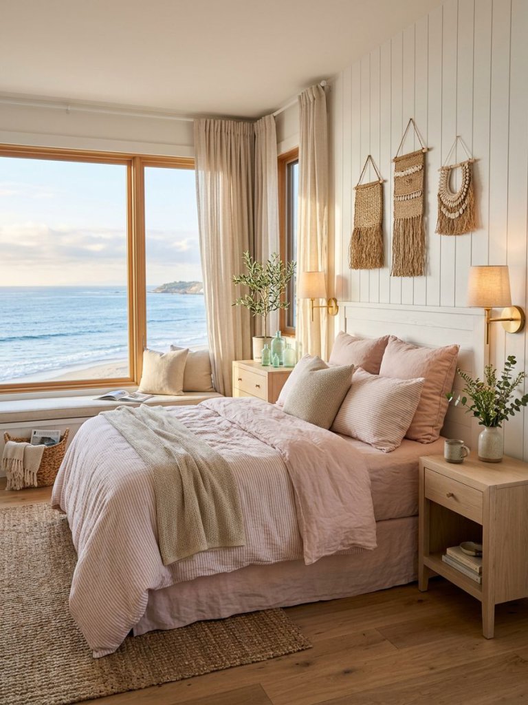 A romantic coastal bedroom with blush pink striped bedding positioned beside a large ocean-facing window in a serene modern beach cottage se.