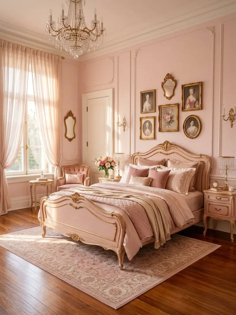 A romantic pink palace bedroom filled with glowing natural sunlight featuring an ornate blush pink bed frame with carved gold trim as the he.