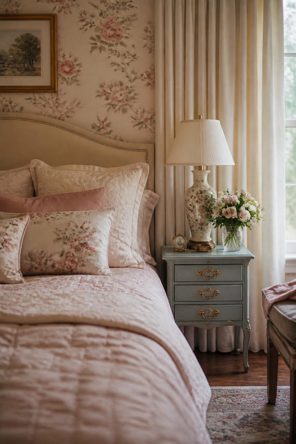 This romantic bedroom is awash with soft rosy hues, where delicate floral wallpaper is paired with a traditional pale blue side table and pa.