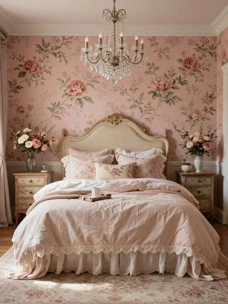 A dreamy cottagecore pink bedroom with oversized floral wallpaper and romantic vintage styling, featuring a cream carved headboard beneath a.