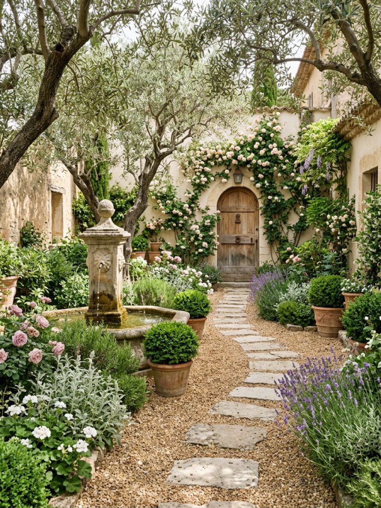 A romantic French courtyard garden pathway in a Mediterranean-inspired rustic style featuring aged limestone stepping stones set into warm g.
