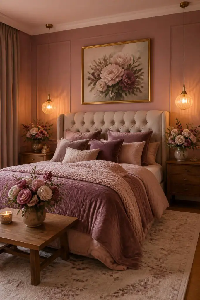 A romantic bedroom with sulking room pink walls and an inviting, floral-inspired design.