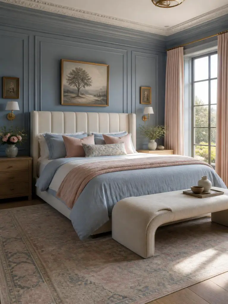 A romantic transitional bedroom featuring blue paneled walls paired with warm pink layered decor and elegant timeless styling.