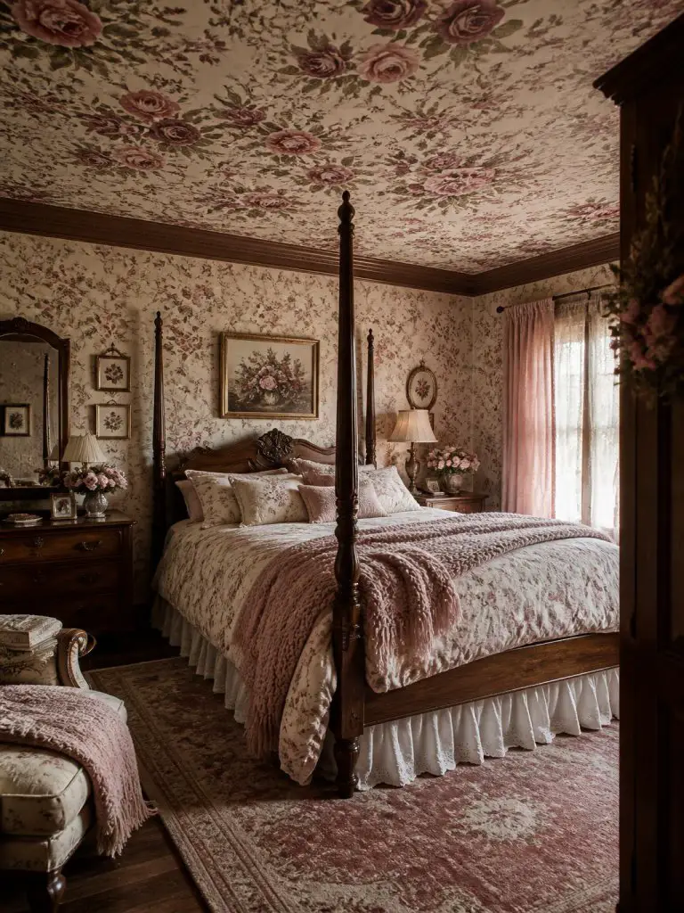 A romantic vintage-inspired bedroom with a fully wallpapered floral ceiling overflowing with dusty rose and muted pink blooms across a soft.