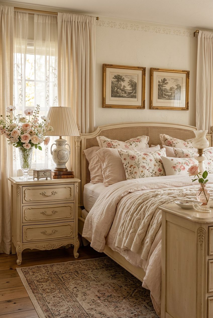 Create a romantic, vintage-inspired bedroom bathed in creamy neutrals and soft blush tones.