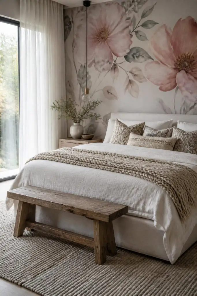 Dress a contemporary bedroom with oversized blush pink watercolor florals on muted wallpaper, creating a dreamy, nature-inspired accent wall.