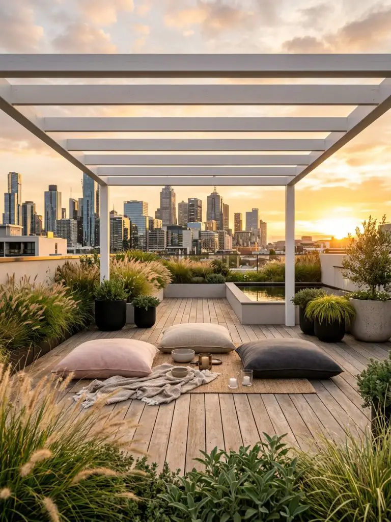 Design a sophisticated rooftop meditation garden overlooking a modern city skyline during golden hour.