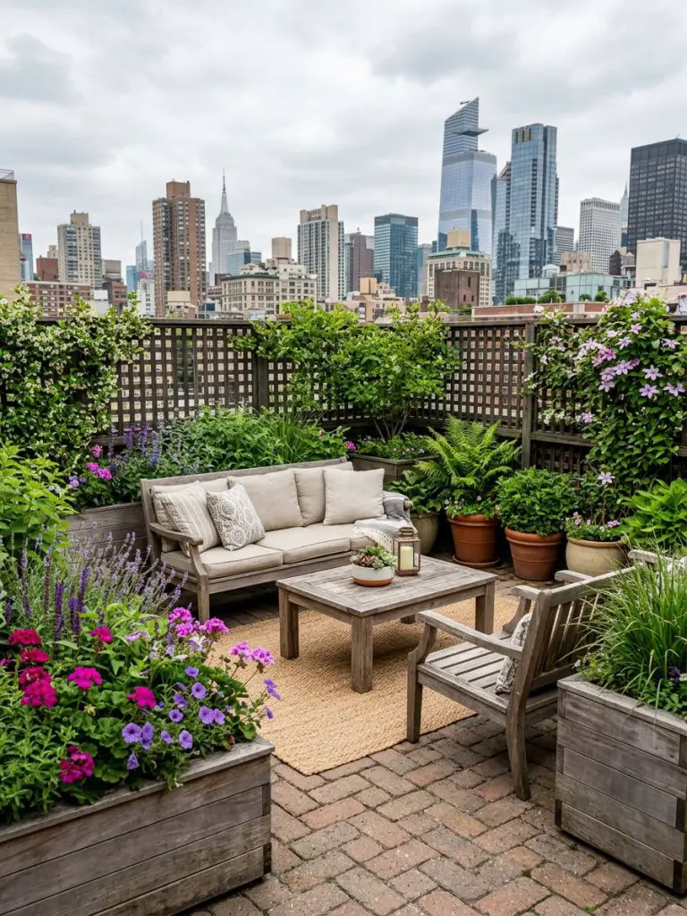 A rooftop terrace garden designed in a Modern Rustic style with warm wood furniture and structured planter boxes.