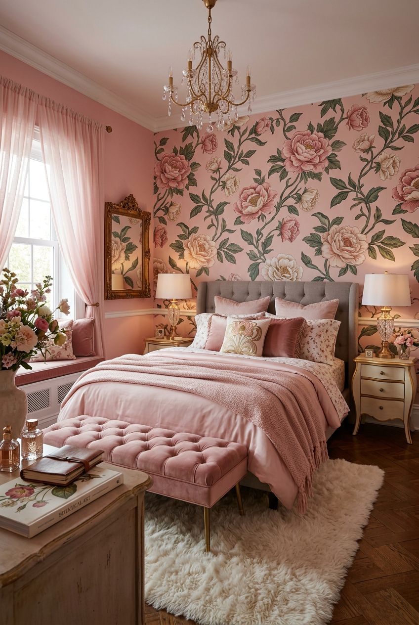 Design an opulent yet cozy bedroom with blush pink as the hero color, centered around a tufted gray headboard and luxurious bedding.