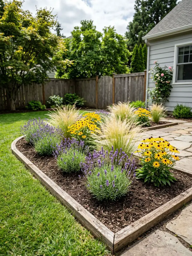 A small backyard garden bed demonstrating the “rule of three” planting technique in a U.