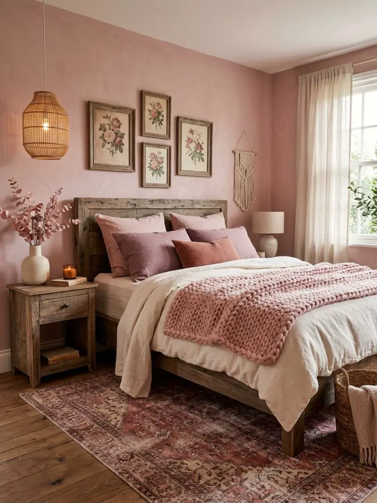 A rustic blush pink boho bedroom designed with warm minimalist and modern rustic influences featuring a reclaimed wood bed frame against mut.