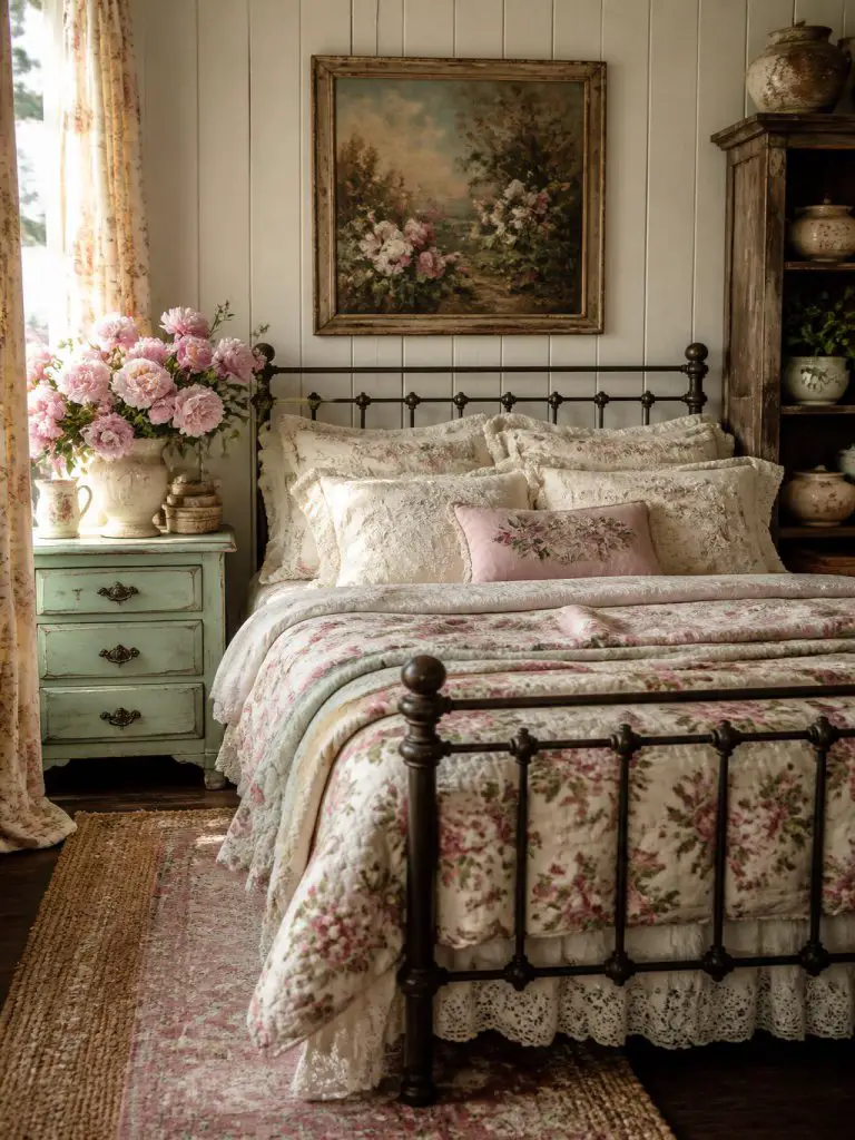 A rustic farmhouse floral bedroom with cozy English Cottage influence, featuring a vintage dark iron bed dressed in layered floral quilts, e.