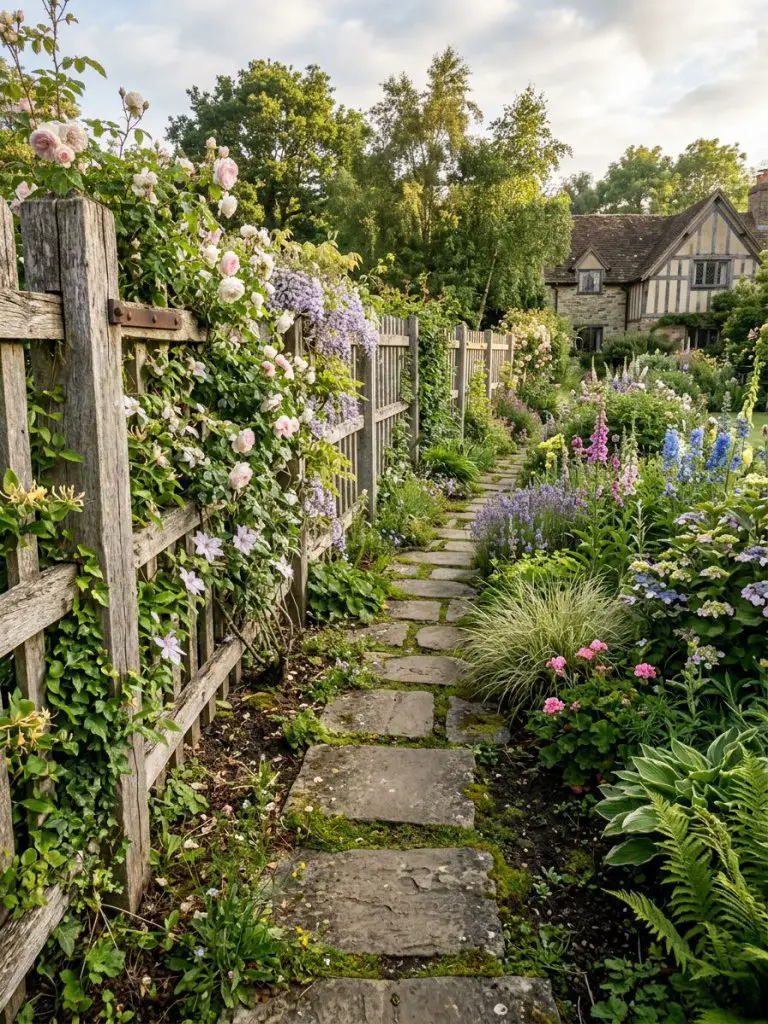 A rustic wooden garden fence paired with climbing plants and a stepping stone pathway, styled in natural cottage garden design.