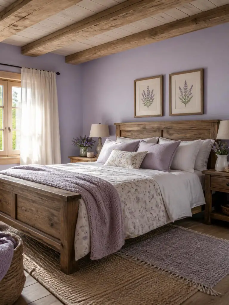 A soft rustic lavender bedroom designed in a warm farmhouse-inspired aesthetic with natural wood textures and calming pastel tones throughou.
