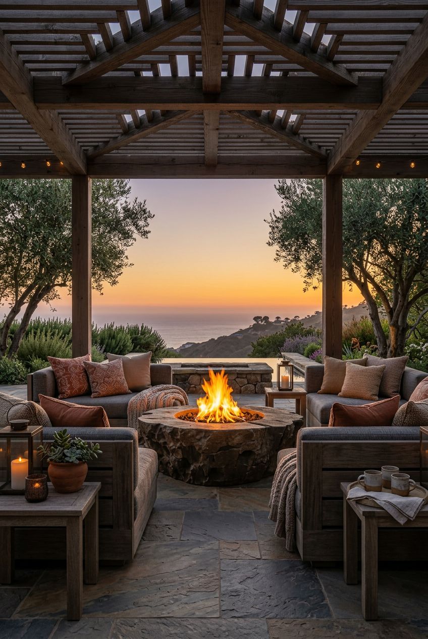 A rustic outdoor lounge arranged under a shaded pergola, with a large circular stone firepit as the centerpiece against a backdrop of rollin.
