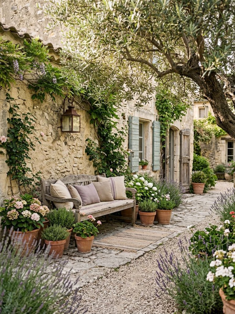 A rustic Provence courtyard seating corner designed in timeless French countryside style featuring a weathered wooden bench placed beneath a.