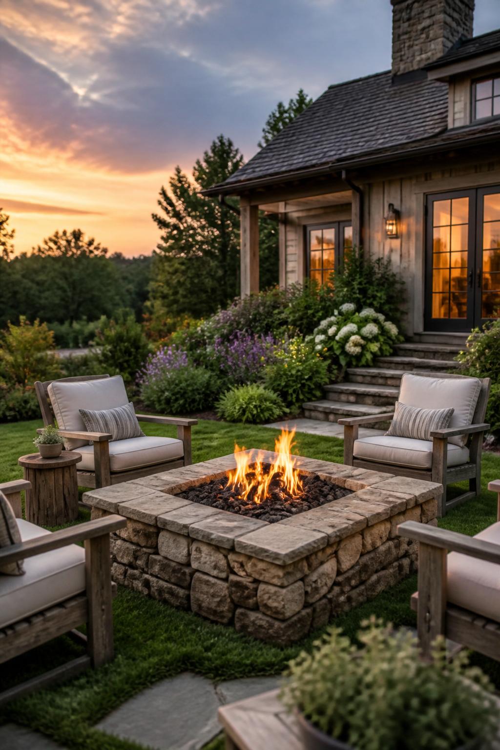 A rustic-inspired backyard with a stone-clad square fire pit as the focal point, surrounded by thick green lawn and flourishing garden beds.