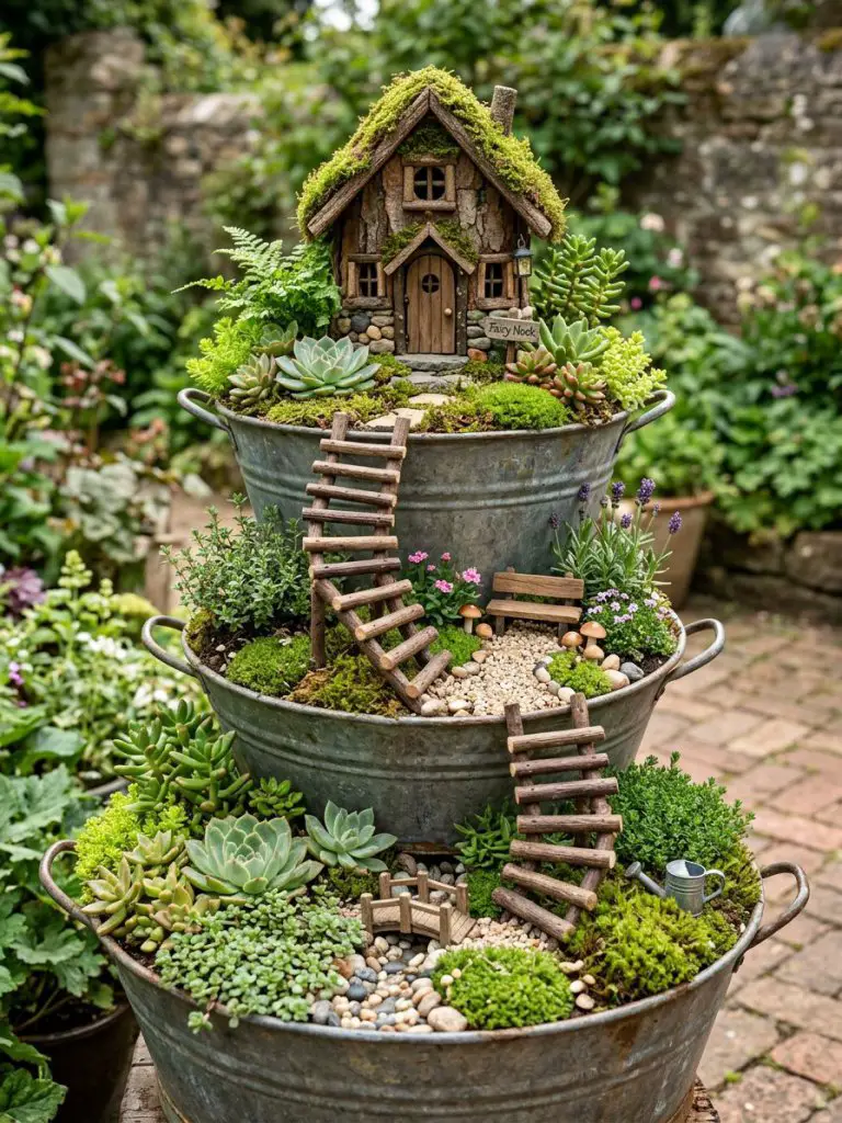 A rustic tiered fairy garden arranged in stacked metal containers, styled with a cozy cottagecore aesthetic.