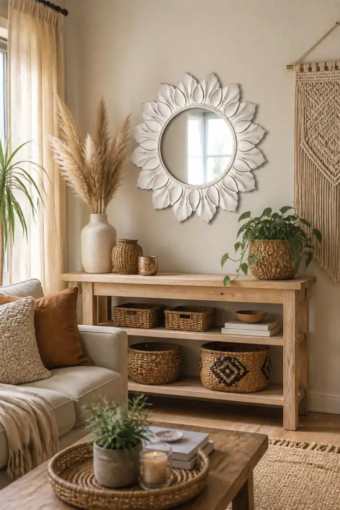 A rustic boho living room corner featuring a bold white petal mirror above a natural pine console table loaded with mixed woven baskets.
