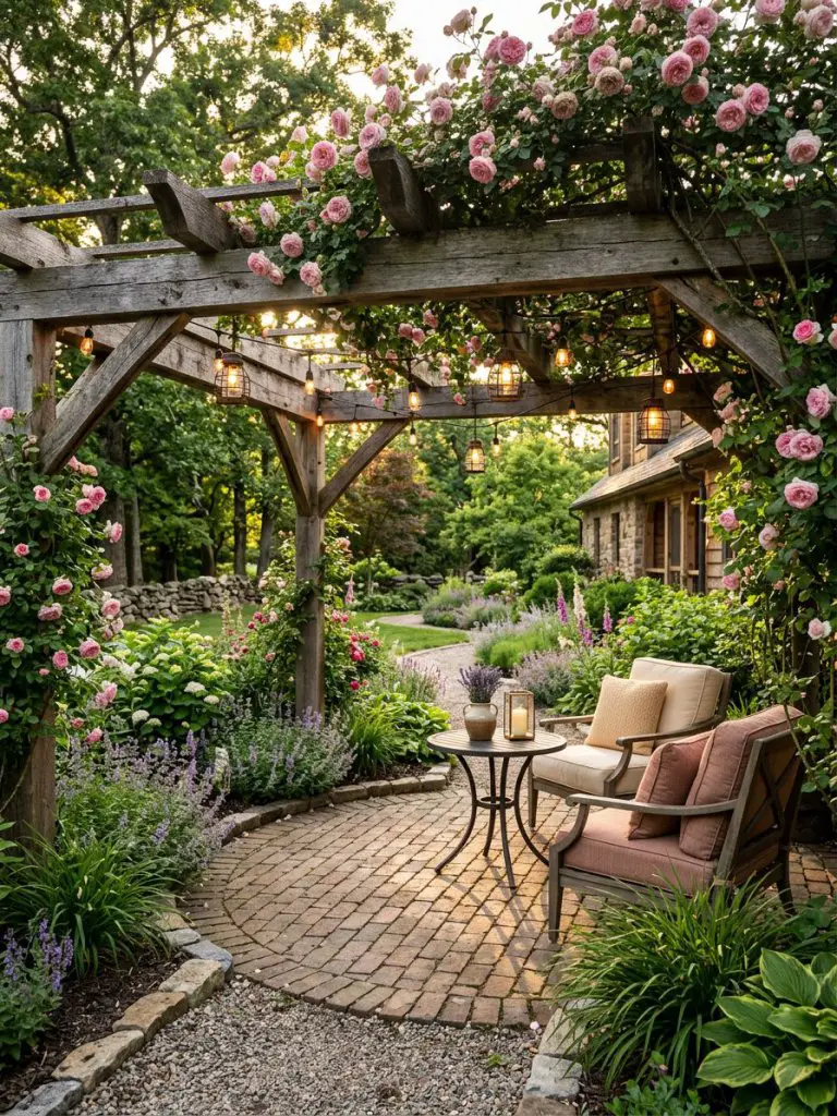 A rustic garden pergola designed in a timeless modern farmhouse and warm rustic style, featuring a weathered timber pergola covered in matur.