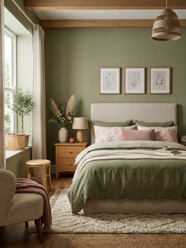 A warm sage and blush pink floral bedroom aesthetic featuring earthy sage green walls paired with soft blush floral pillows, textured throws.