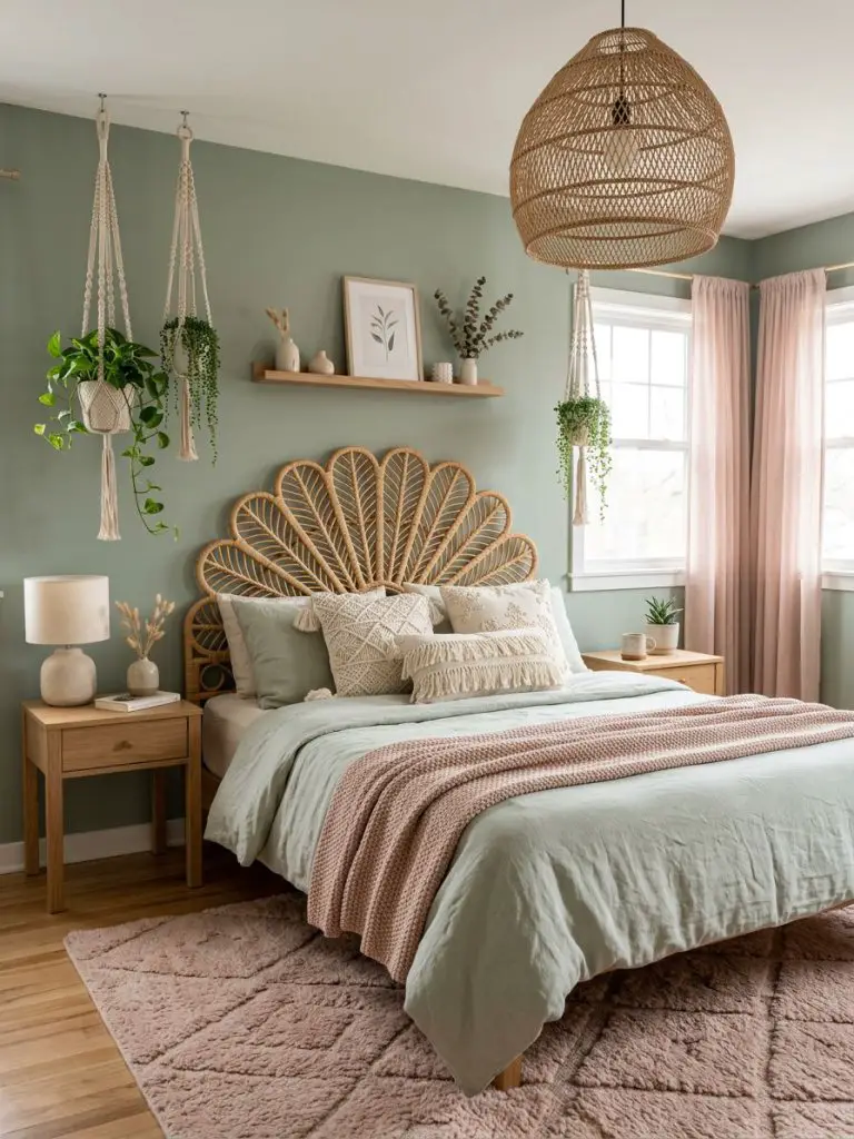 A dreamy pink and green boho bedroom with warm minimalist styling and soft modern rustic influences.