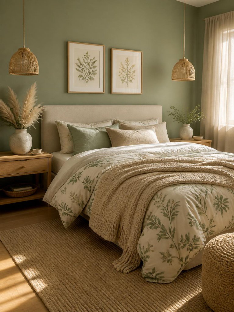 A cozy green floral bedroom designed in a warm minimalist and Scandinavian-inspired style with sage green painted walls, natural oak bedside.