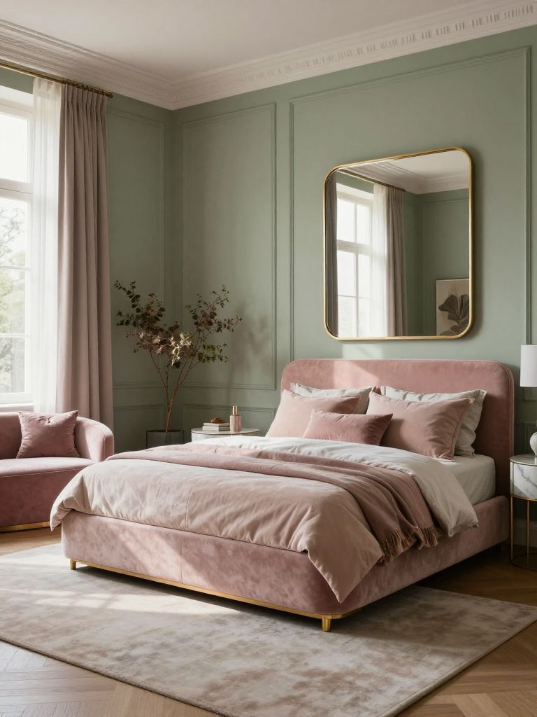 A sophisticated dusty pink and sage green bedroom blending modern art deco and soft contemporary design, featuring sage paneled walls, blush.