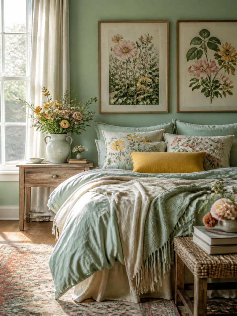 A sage green floral boho bedroom designed with vintage botanical charm and airy cottagecore styling featuring soft mint-green walls decorate.