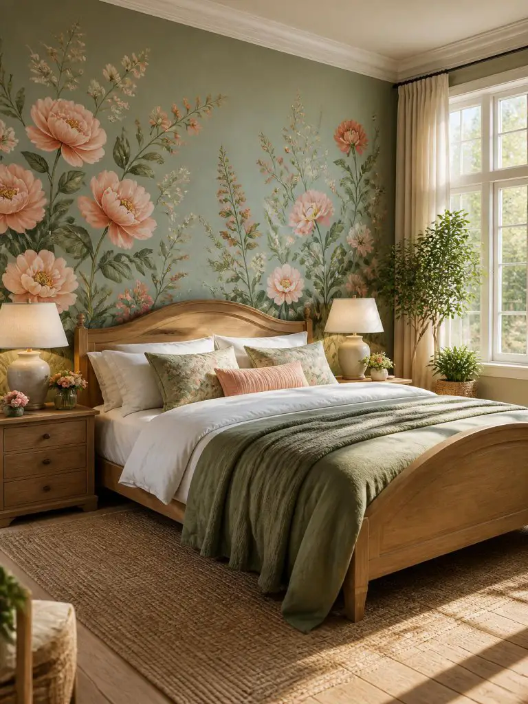A romantic floral cottage bedroom with Warm Minimalist and English Cottage styling, centered around a curved natural oak bed layered with cr.