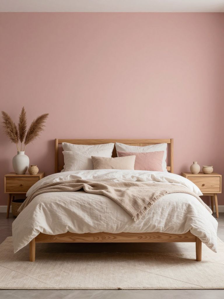 A Scandinavian earthy pink bedroom featuring minimalist wooden furniture, blush clay-painted walls, and soft neutral bedding layered with ai.