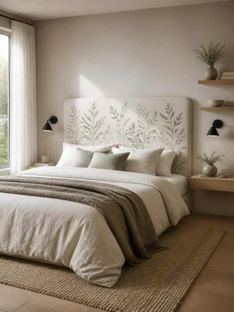 A Scandinavian-inspired bedroom featuring a minimalist floral headboard with delicate sage botanical prints against warm white linen upholst.