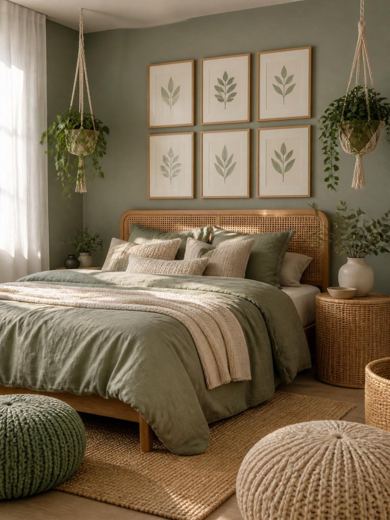 A Scandinavian-inspired green floral bedroom designed with soft eucalyptus walls, natural FSC oak furniture, woven rattan textures, cozy kni.