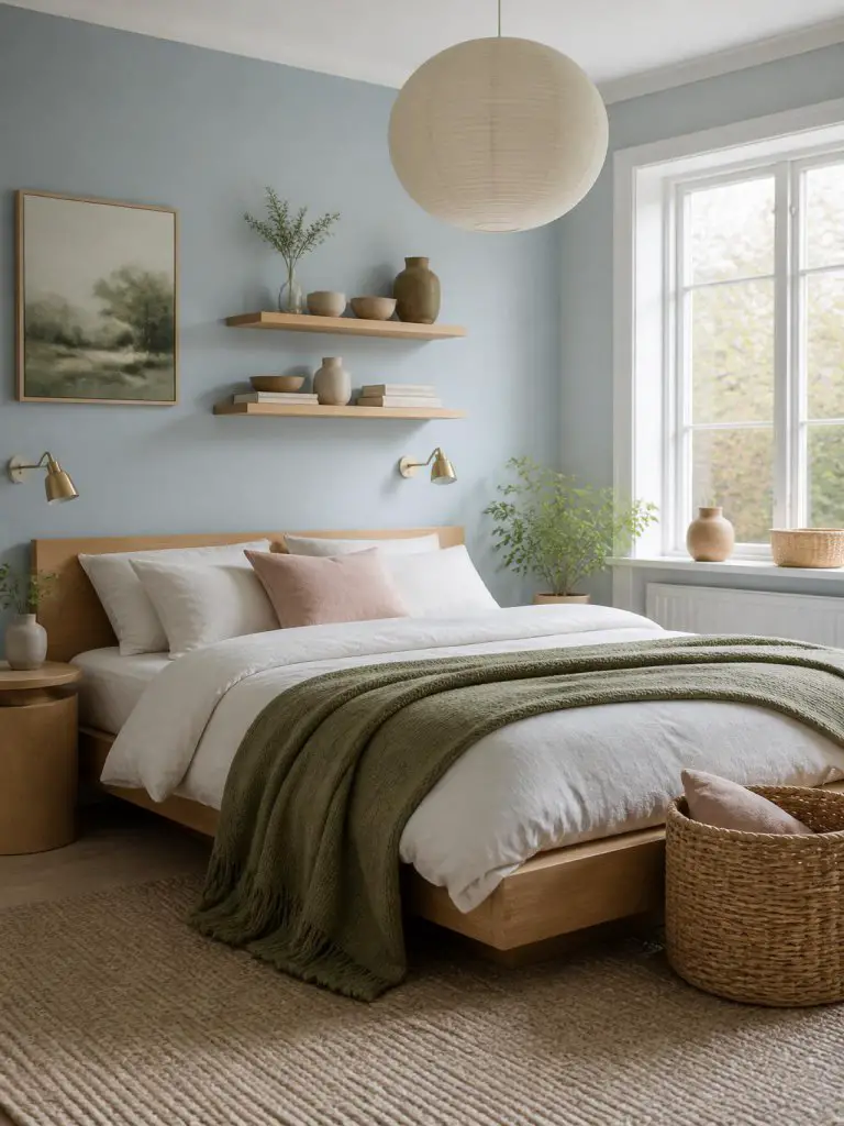 A bright Scandinavian bedroom designed with soft pastel blue walls, muted olive green textiles, and warm blush pink accents in a clean Nordi.