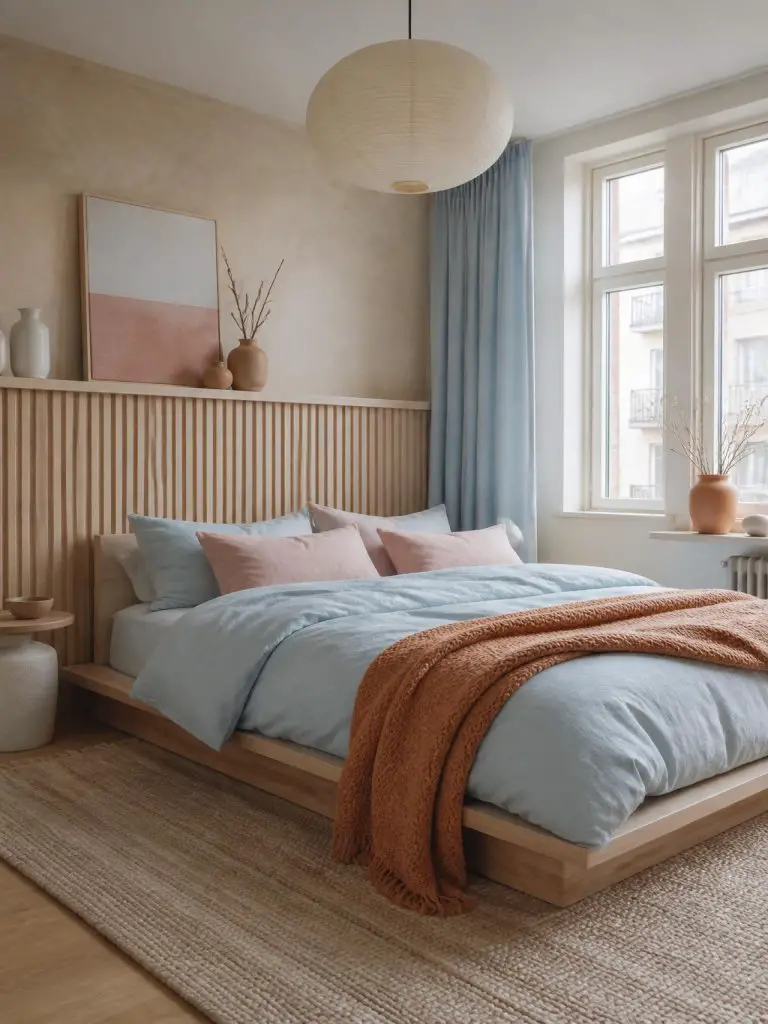 interior photography of a Scandinavian pink and sky blue bedroom with soft terracotta details and clean Nordic styling.