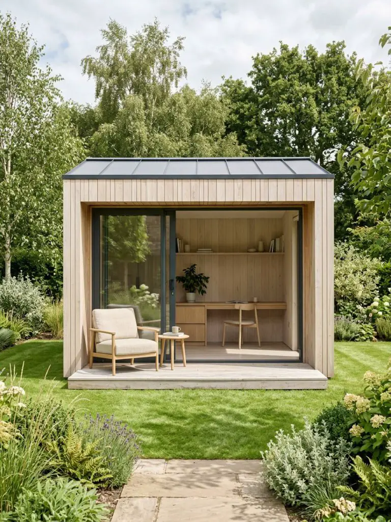 A Scandinavian-inspired garden office with clean lines and light wood exterior, surrounded by a manicured lawn.