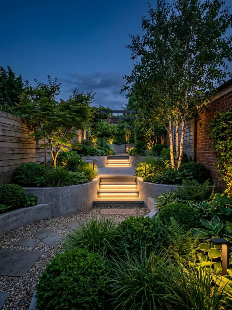 A sculpted modern garden featuring layered planting beds and integrated ambient lighting, designed in a warm minimalist and modern rustic bl.
