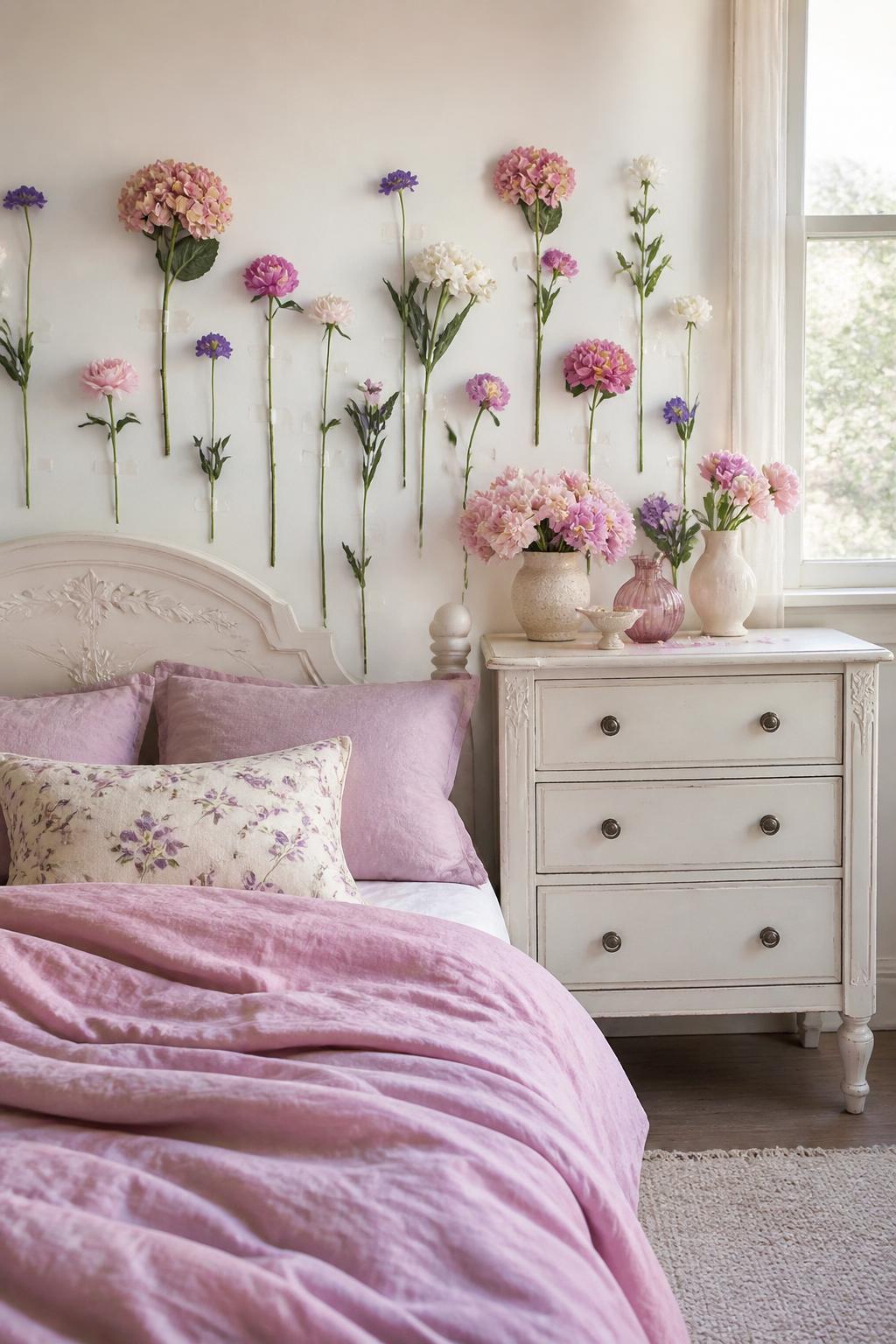 A classically romantic bedroom with a delicate, real-flower wall installation, where long-stemmed florals are organically adhered in rows be.