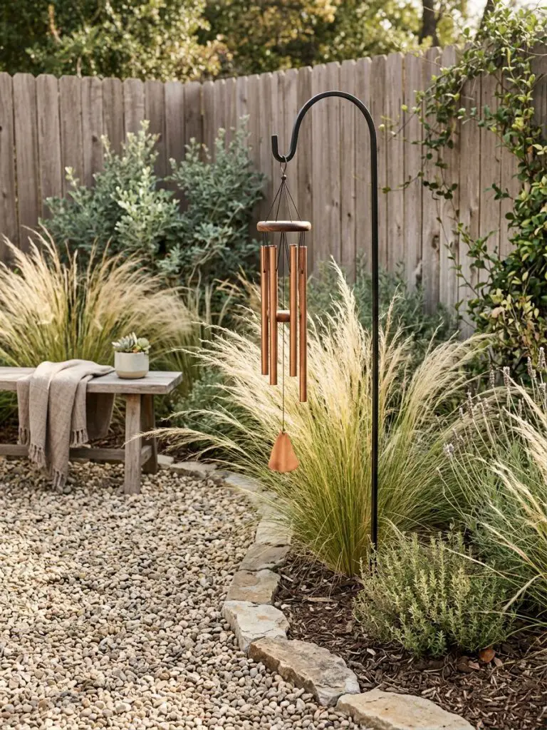A small backyard corner in a United States home designed as a sensory memorial garden in warm minimalist and modern rustic style.