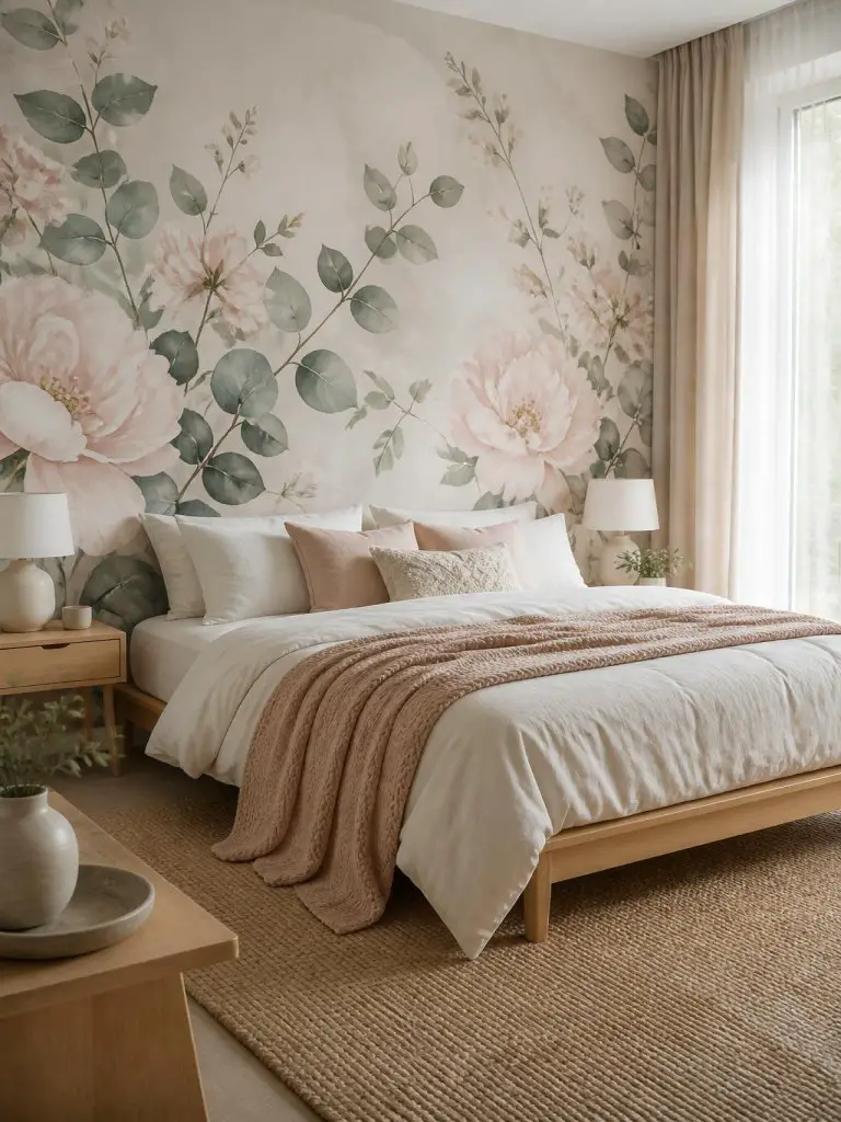 A serene botanical floral bedroom featuring an oversized watercolor eucalyptus and peony mural wall behind a simple oak platform bed layered.
