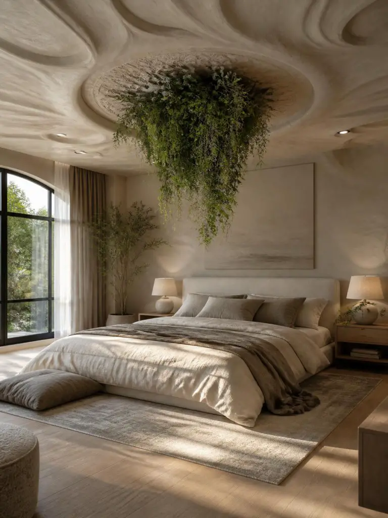A serene neutral bedroom with a sculpted plaster ceiling and lush hanging greenery centered dramatically above a soft upholstered bed.