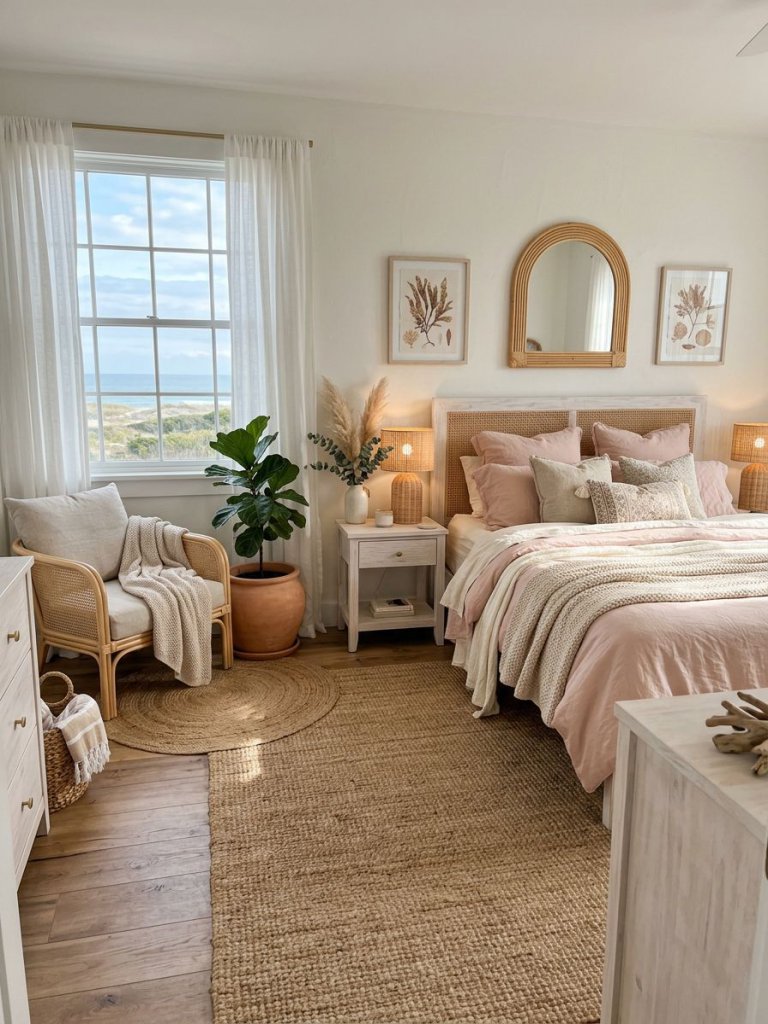 A serene pink coastal bedroom designed in a warm boho beach house style featuring layered blush bedding, woven rattan lighting, and soft can.