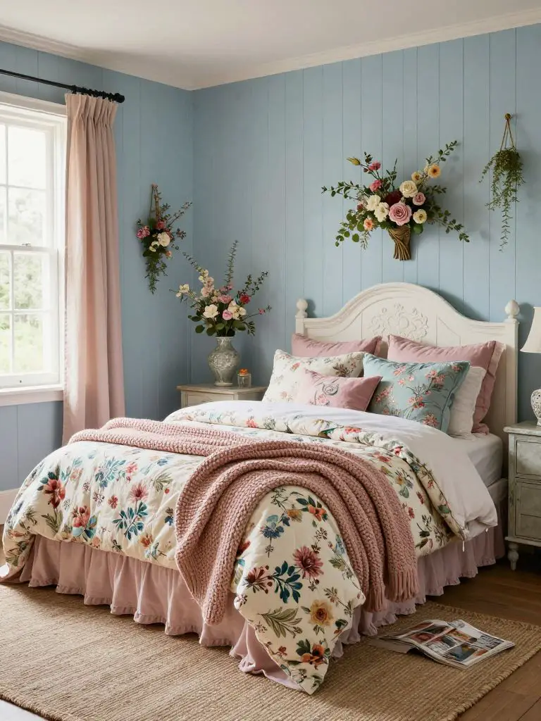 A charming shabby chic pink bedroom with pale blue cottage walls, floral bedding, and layered feminine textures that create a cozy countrysi.