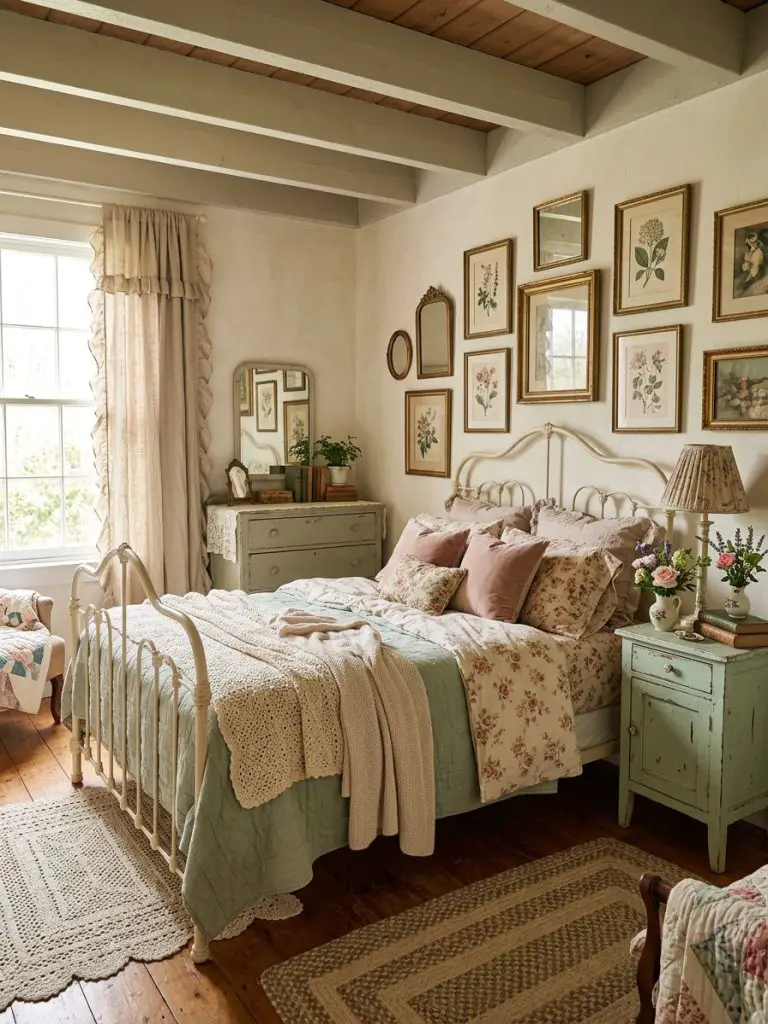 A shabby chic pink and sage bedroom featuring vintage floral decor and cozy layered textures.
