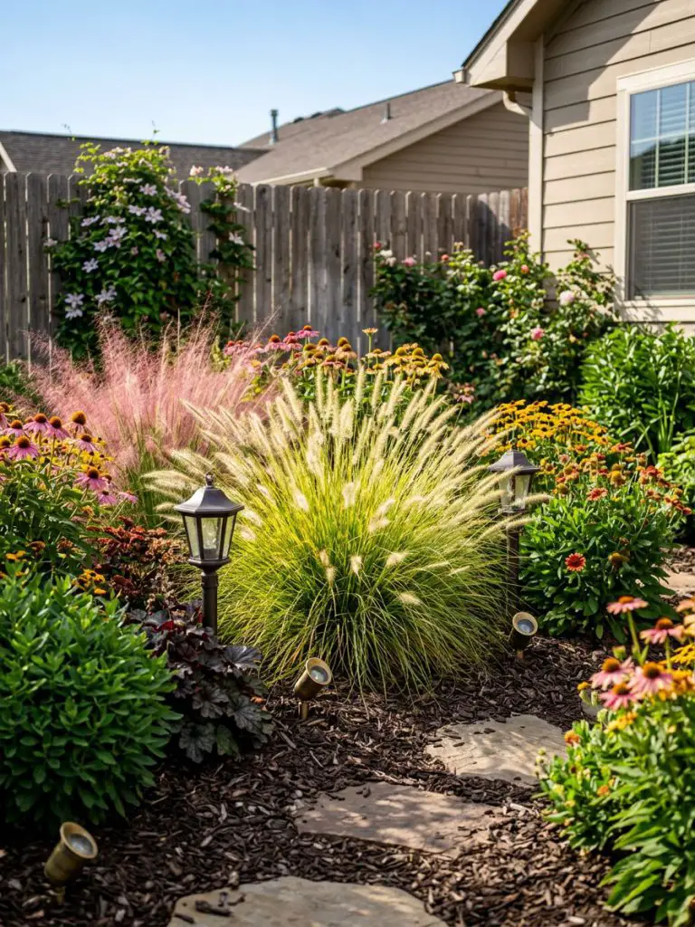 A small backyard garden bed designed for both day and night appeal in a U.