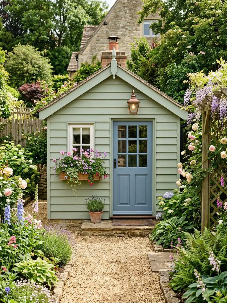 A charming shiplap garden shed styled like an English cottage, featuring horizontal siding painted in soft sage green.