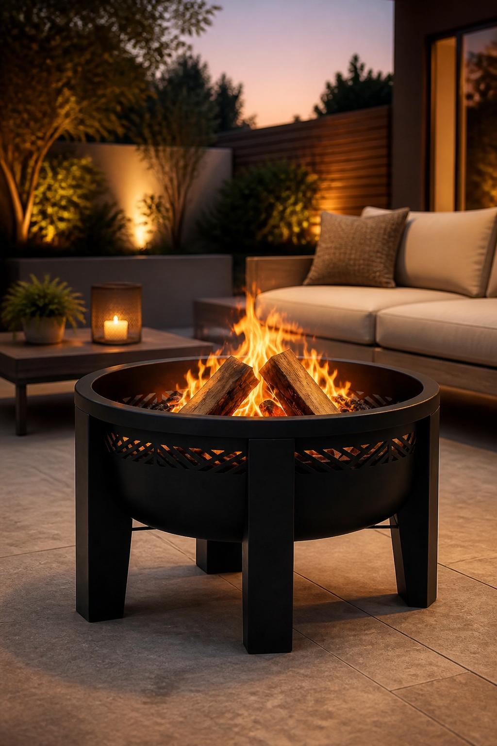 A simple yet striking round black steel fire pit is captured in a contemporary courtyard, positioned centrally on smooth gray tiles.